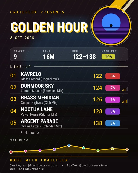 A CrateFlux Pro share card: Your own set name, BPM, key, energy and stats.