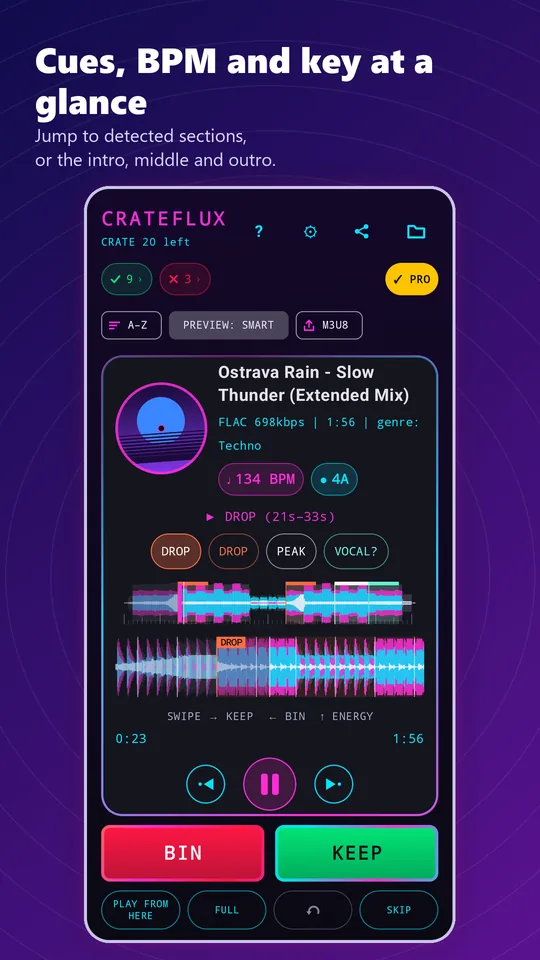 CrateFlux screenshot. Cues, BPM and key at a glance: jump to detected sections, or the intro, middle and outro.