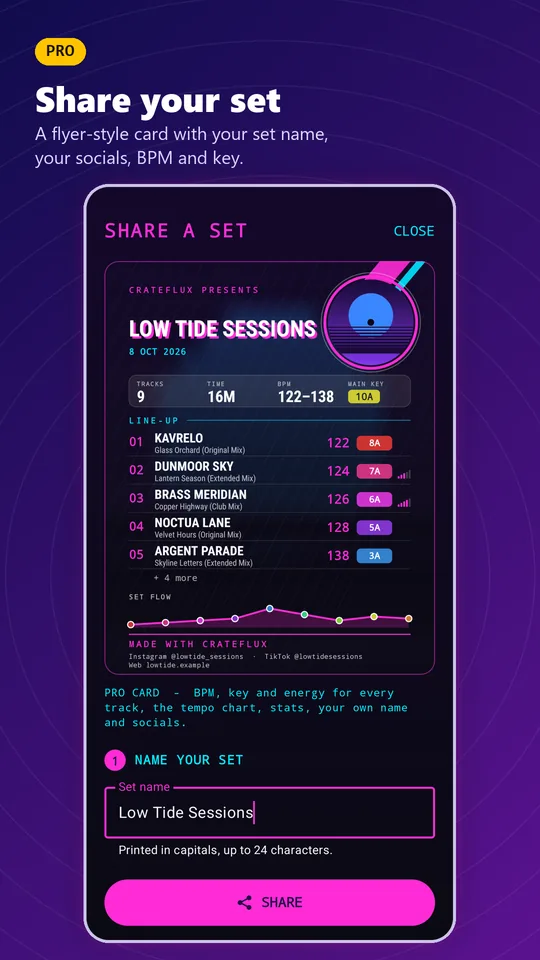 CrateFlux screenshot. Pro: share your set as a flyer-style card with your set name, socials, BPM and key.