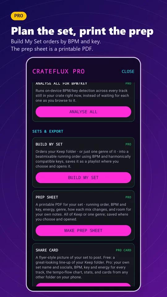 CrateFlux screenshot. Pro: plan the set. Build My Set orders by BPM and key, and the prep sheet is a printable PDF.