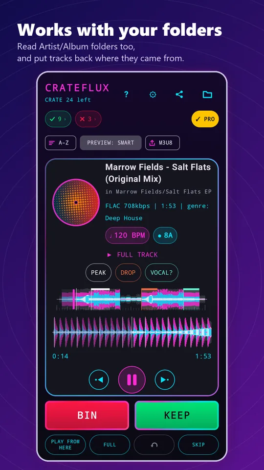 CrateFlux screenshot. Works with your folders: reads Artist and Album folders too, and puts tracks back where they came from.